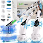 Cordless electric spin scrubber cleaning tiles with digital display and attachments